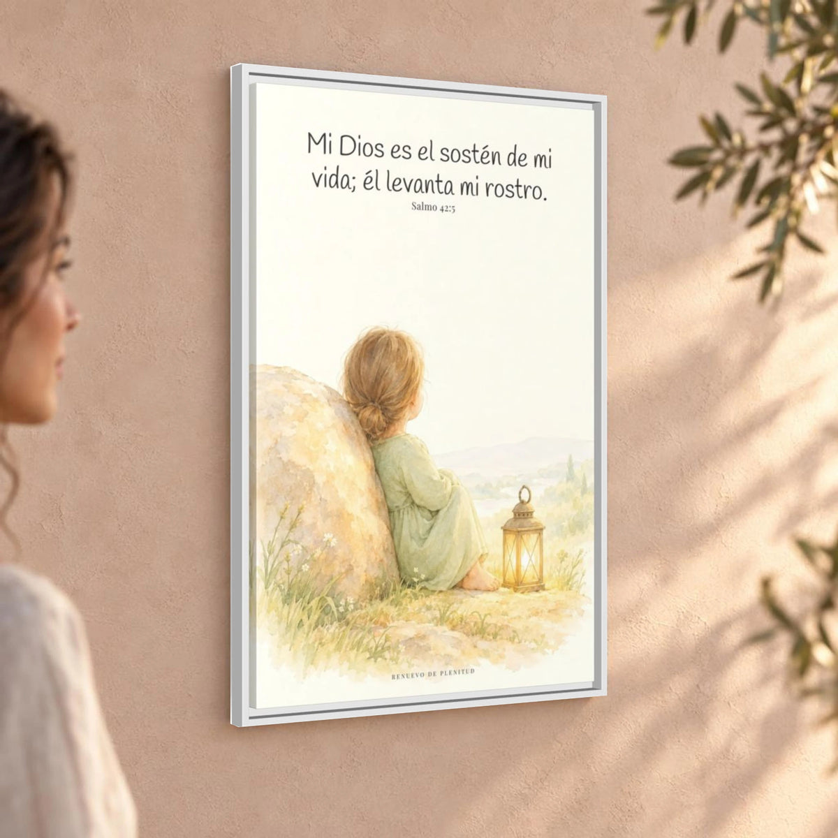 Dios es el sostén de mi vida — Lienzo Cristiano Enmarcado | Salmo 42:5 — 24×36 pulgadas, marco blanco, vista angular ambiental del marco flotante, escala física calibrada