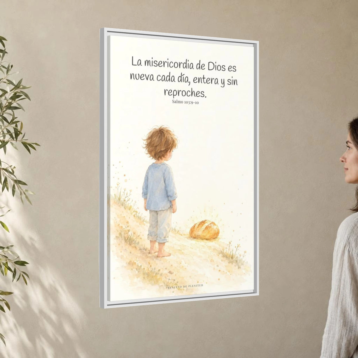 La misericordia de Dios es nueva cada día — Lienzo Cristiano Enmarcado | Salmo 103:9-10 — 24×36 pulgadas, marco blanco, vista angular ambiental del marco flotante, escala física calibrada