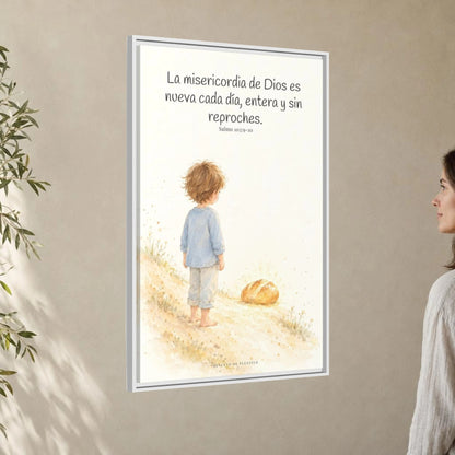 La misericordia de Dios es nueva cada día — Lienzo Cristiano Enmarcado | Salmo 103:9-10 — 24×36 pulgadas, marco blanco, vista angular ambiental del marco flotante, escala física calibrada