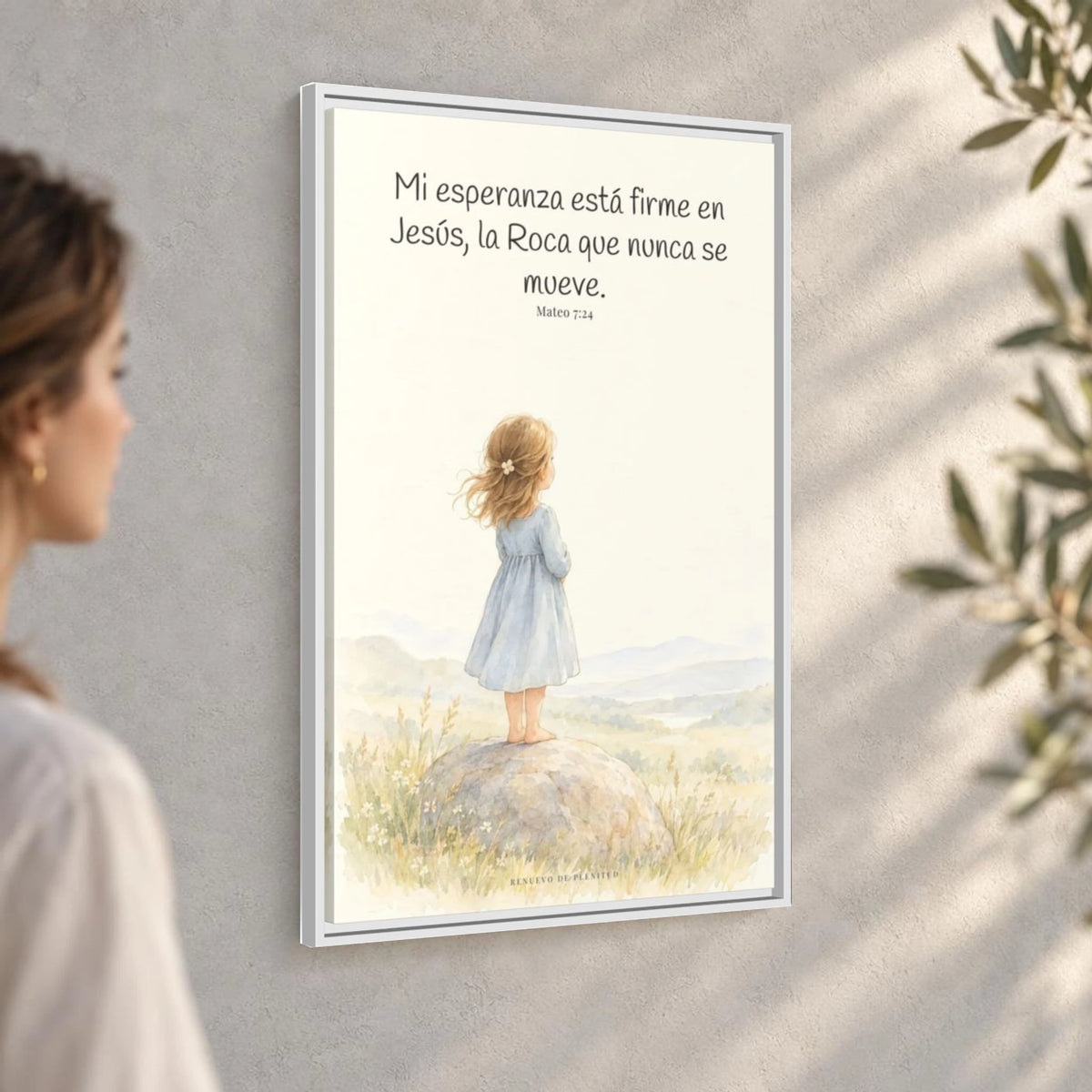 Mi esperanza está firme en Jesús — Lienzo Cristiano Enmarcado | Mateo 7:24 — 24×36 pulgadas, marco blanco, vista angular ambiental del marco flotante, escala física calibrada