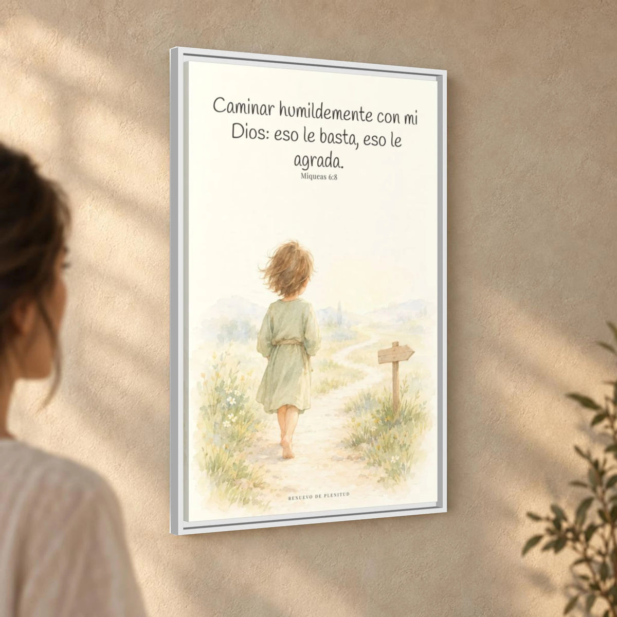 Caminar con Dios es suficiente — Lienzo Cristiano Enmarcado | Miqueas 6:8 — 24×36 pulgadas, marco blanco, vista angular ambiental del marco flotante, escala física calibrada