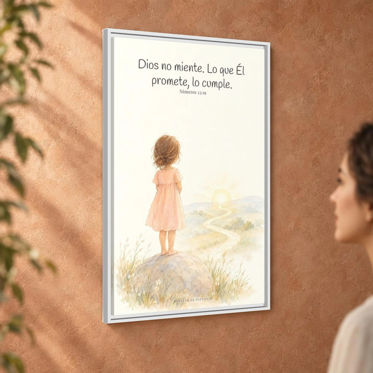 Dios no miente: sus promesas siempre se cumplen — Lienzo Cristiano Enmarcado | Números 23:19 — 24×36 pulgadas, marco blanco, vista angular ambiental del marco flotante, escala física calibrada