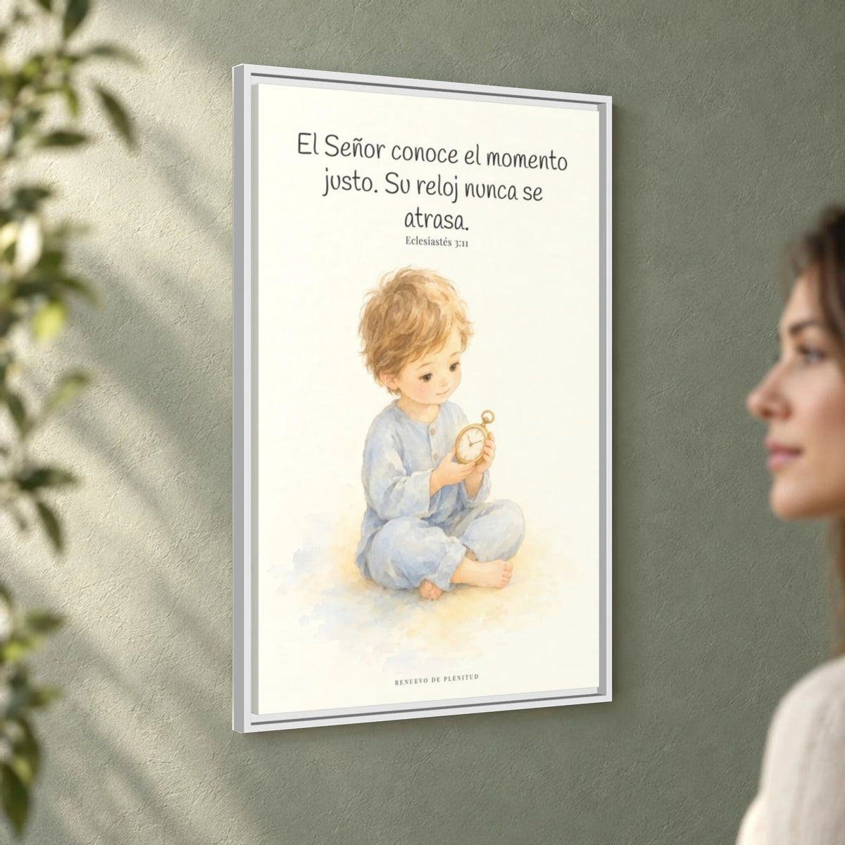 El Señor conoce el momento justo — Lienzo Cristiano Enmarcado | Eclesiastés 3:11 — 24×36 pulgadas, marco blanco, vista angular ambiental del marco flotante, escala física calibrada