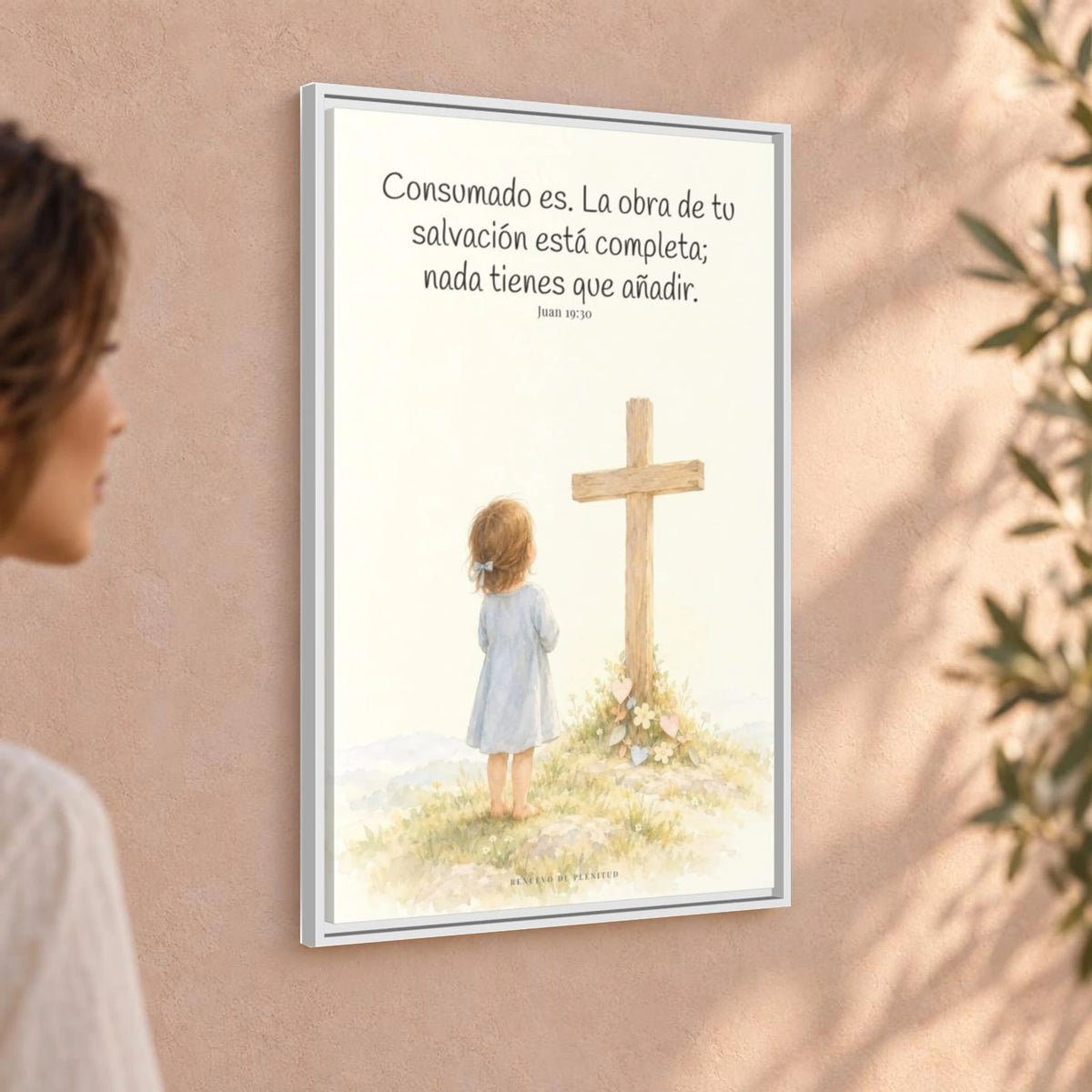 Consumado es: ya nada falta en la obra de Cristo — Lienzo Cristiano Enmarcado | Juan 19:30 — 24×36 pulgadas, marco blanco, vista angular ambiental del marco flotante, escala física calibrada