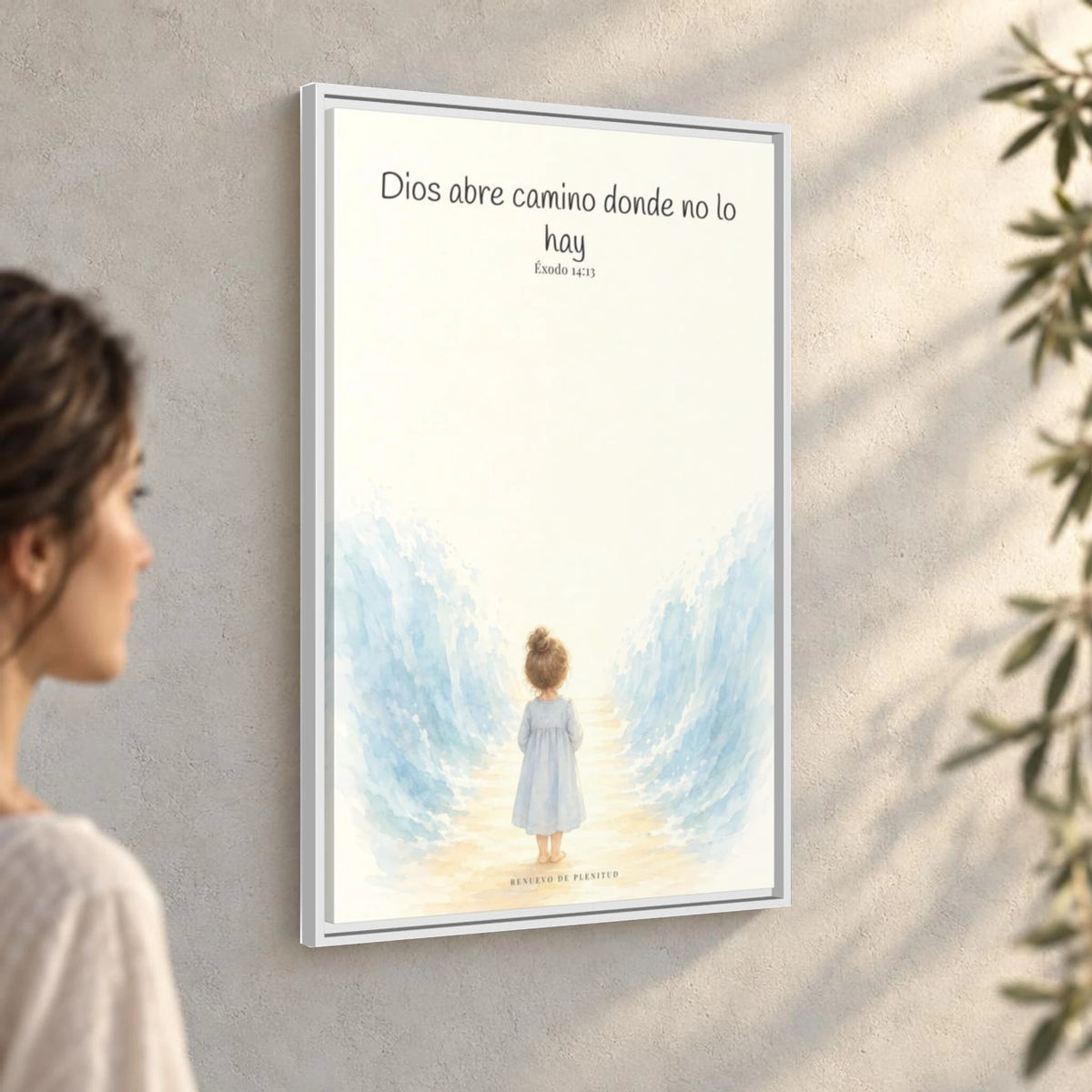 Dios abre camino donde no lo hay — Lienzo Cristiano Enmarcado | Éxodo 14:13 — 24×36 pulgadas, marco blanco, vista angular ambiental del marco flotante, escala física calibrada