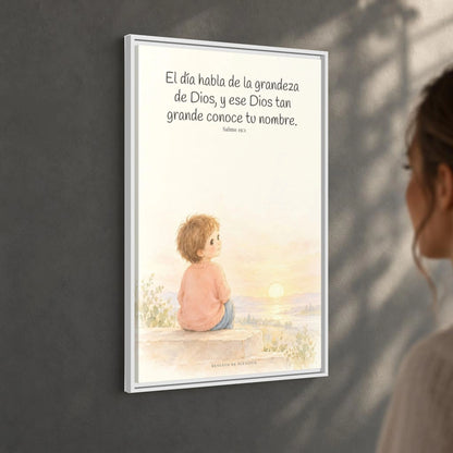 El día habla de la grandeza de Dios | Lienzo cristiano decorativo | Salmo 19:1 — 24×36 pulgadas, marco blanco, vista angular ambiental del marco flotante, escala física calibrada