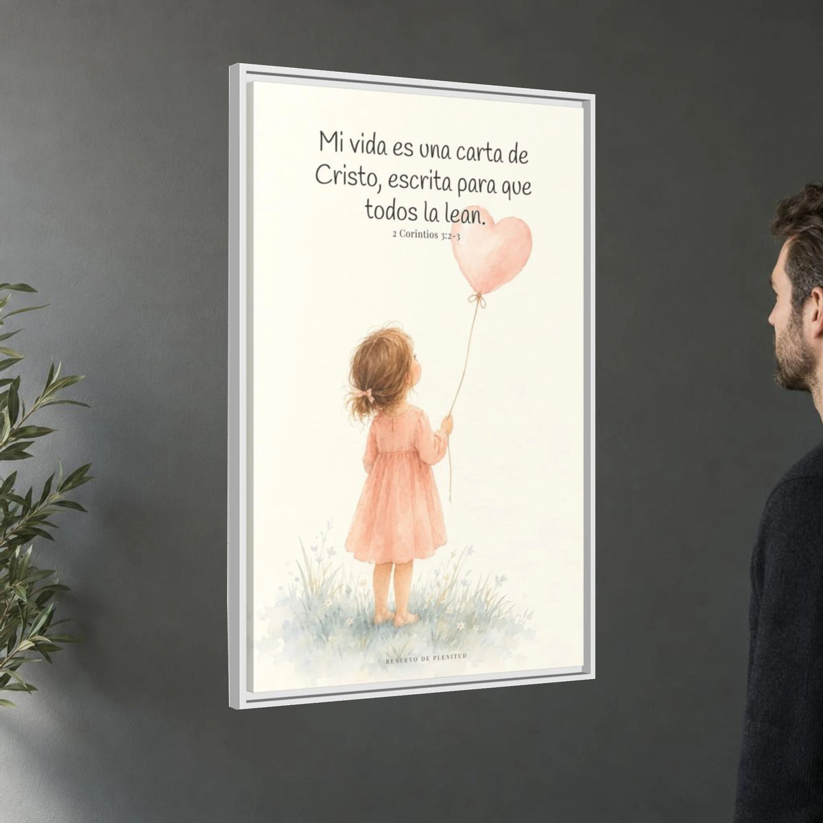 Mi vida es una carta de Cristo — Lienzo Cristiano Enmarcado | 2 Corintios 3:2-3 — 24×36 pulgadas, marco blanco, vista angular ambiental del marco flotante, escala física calibrada
