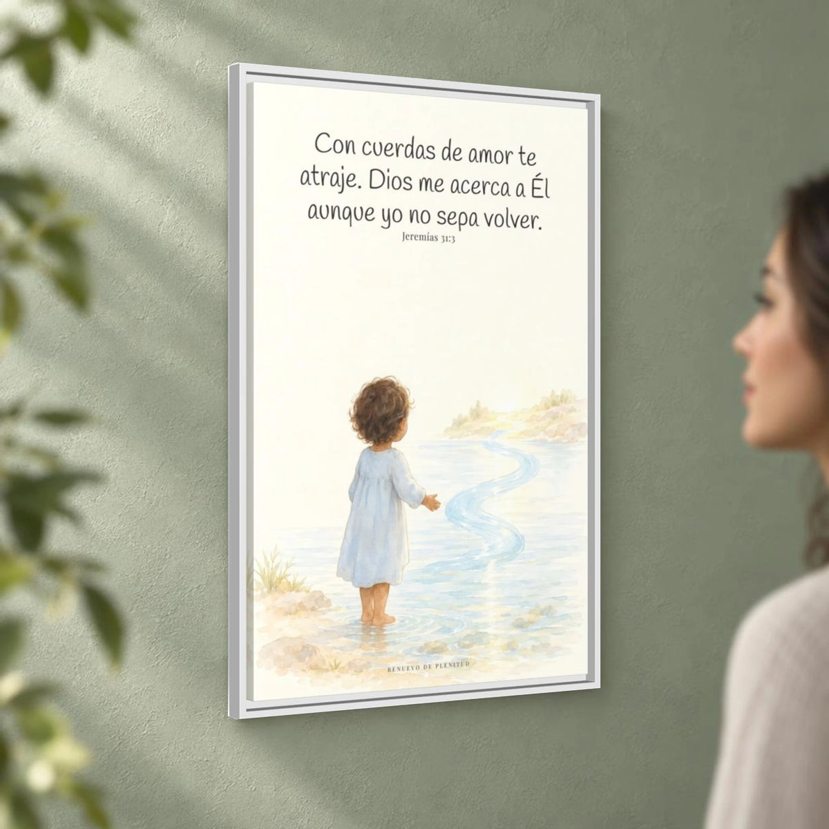 Con cuerdas de amor te atraje — Lienzo Cristiano Enmarcado | Jeremías 31:3 — 24×36 pulgadas, marco blanco, vista angular ambiental del marco flotante, escala física calibrada