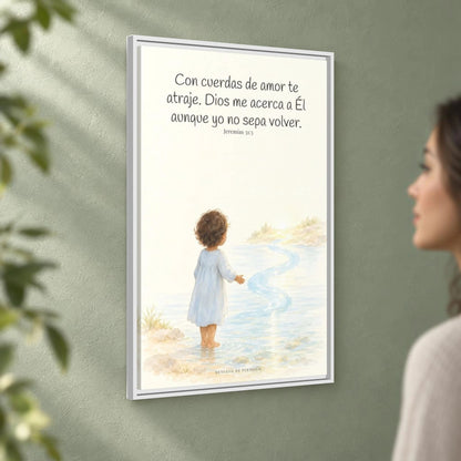 Con cuerdas de amor te atraje — Lienzo Cristiano Enmarcado | Jeremías 31:3 — 24×36 pulgadas, marco blanco, vista angular ambiental del marco flotante, escala física calibrada