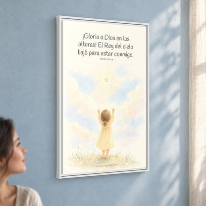Gloria a Dios en las alturas — Lienzo Cristiano Enmarcado | Lucas 2:13-14 — 24×36 pulgadas, marco blanco, vista angular ambiental del marco flotante, escala física calibrada