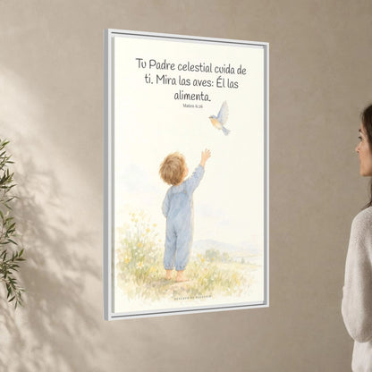 Tu Padre celestial cuida de mí — Lienzo Cristiano Enmarcado | Mateo 6:26 — 24×36 pulgadas, marco blanco, vista angular ambiental del marco flotante, escala física calibrada