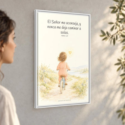 El Señor me aconseja con amor | Cuadro de fe enmarcado | Salmo 32:8 — 24×36 pulgadas, marco blanco, vista angular ambiental del marco flotante, escala física calibrada