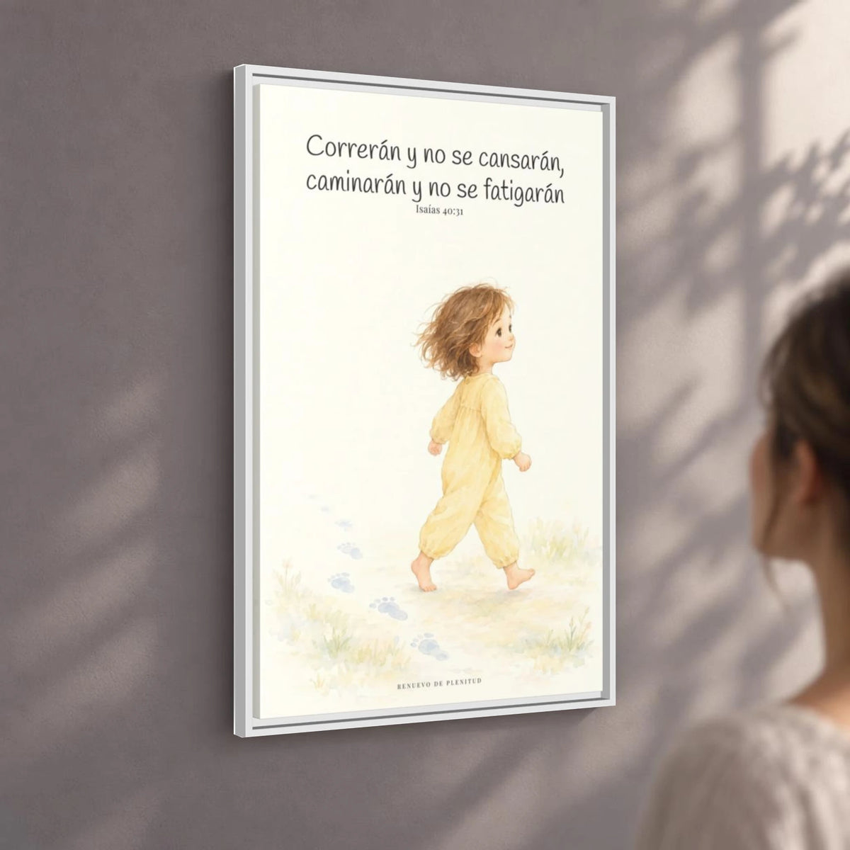 Correrán y no se cansarán — Lienzo Cristiano Enmarcado | Isaías 40:31 — 24×36 pulgadas, marco blanco, vista angular ambiental del marco flotante, escala física calibrada