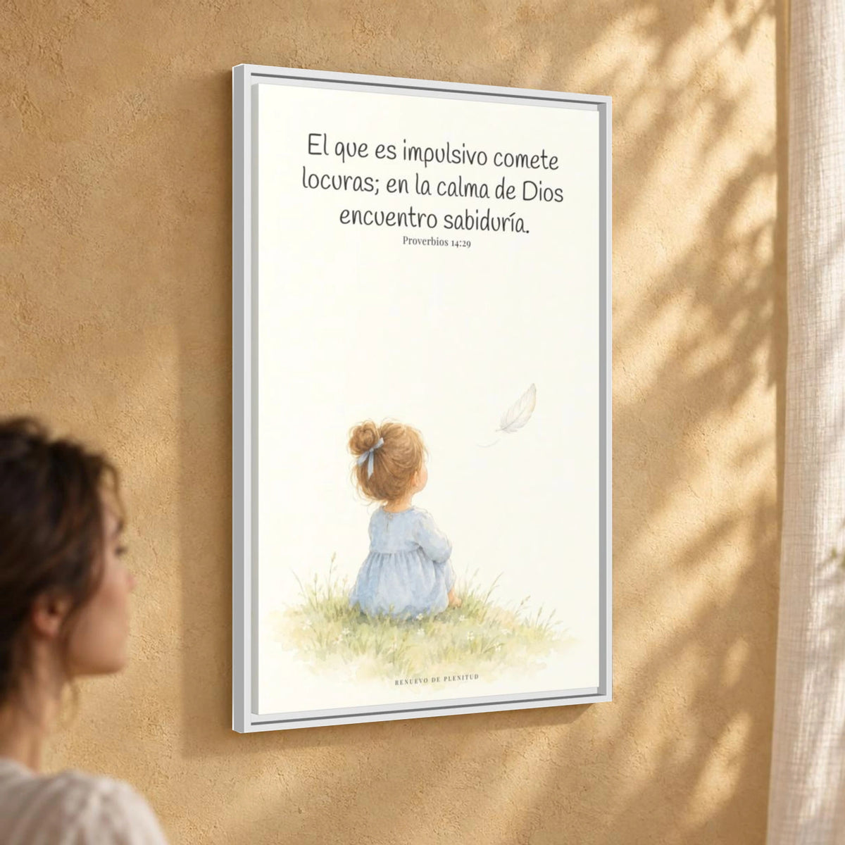 La prisa del corazón no agrada a Dios | Decoración cristiana enmarcada | Proverbios 14:29 — 24×36 pulgadas, marco blanco, vista angular ambiental del marco flotante, escala física calibrada