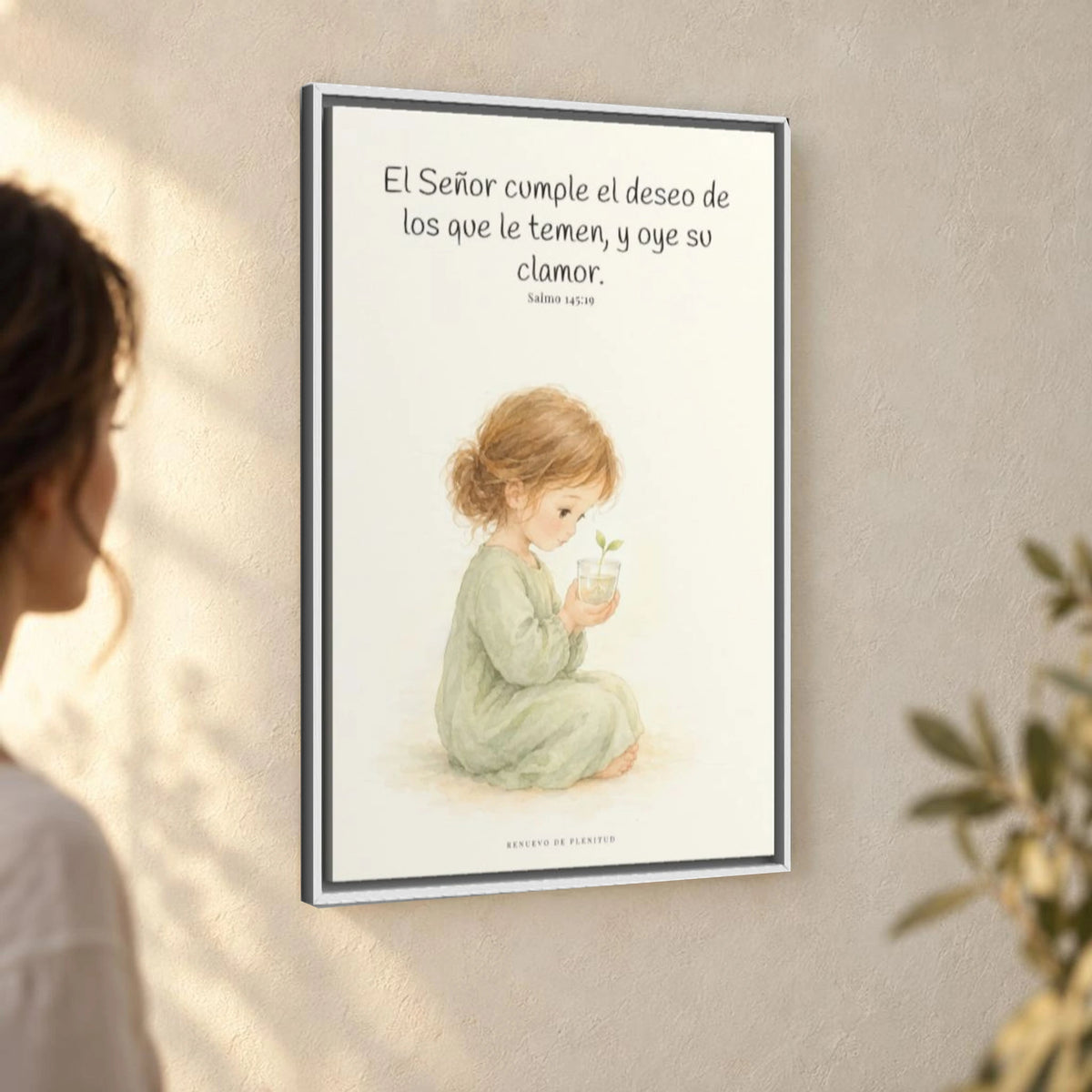 El Señor cumple el deseo de los que le temen | Cuadro de fe enmarcado | Salmo 145:19 — 24×36 pulgadas, marco blanco, vista angular ambiental del marco flotante, escala física calibrada