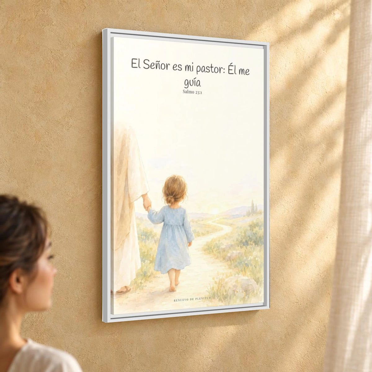 El Señor es mi pastor; Él me guía — Lienzo Cristiano Enmarcado | Salmo 23:1 — 24×36 pulgadas, marco blanco, vista angular ambiental del marco flotante, escala física calibrada