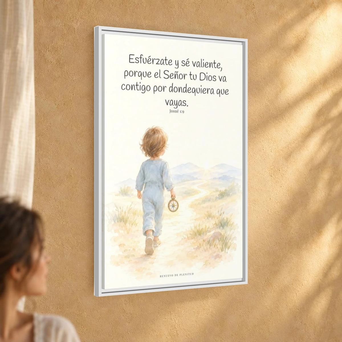 Esfuérzate y sé valiente, porque Jehová va contigo — Lienzo Cristiano Enmarcado | Josué 1:9 — 24×36 pulgadas, marco blanco, vista angular ambiental del marco flotante, escala física calibrada