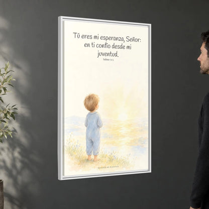 Tú eres mi esperanza, Señor — Lienzo Cristiano Enmarcado | Salmo 71:5 — 24×36 pulgadas, marco blanco, vista angular ambiental del marco flotante, escala física calibrada