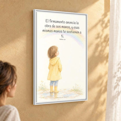 El firmamento anuncia la obra de sus manos — Lienzo Cristiano Enmarcado | Salmo 19:1 — 24×36 pulgadas, marco blanco, vista angular ambiental del marco flotante, escala física calibrada