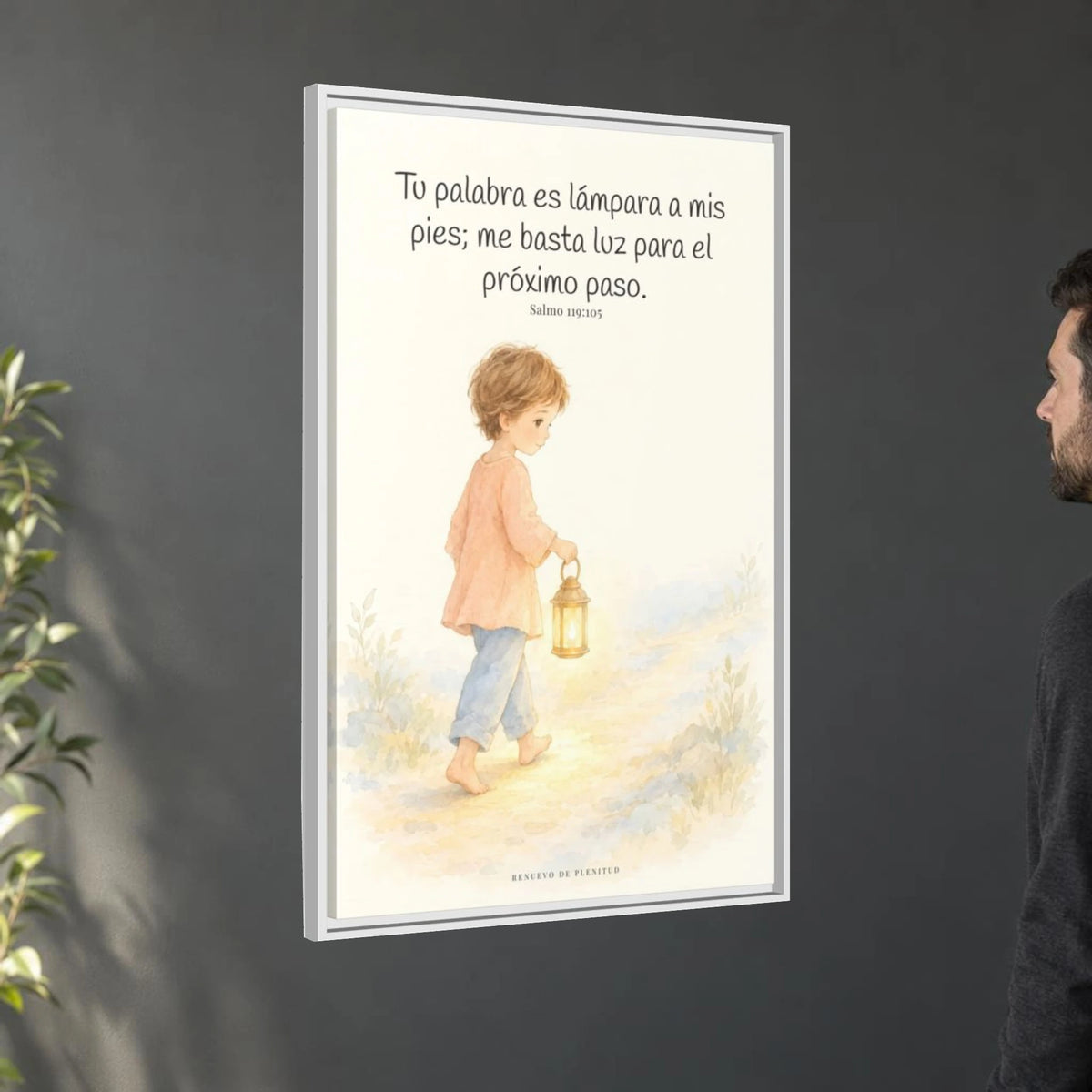Lámpara es tu palabra a mis pies — Lienzo Cristiano Enmarcado | Salmo 119:105 — 24×36 pulgadas, marco blanco, vista angular ambiental del marco flotante, escala física calibrada