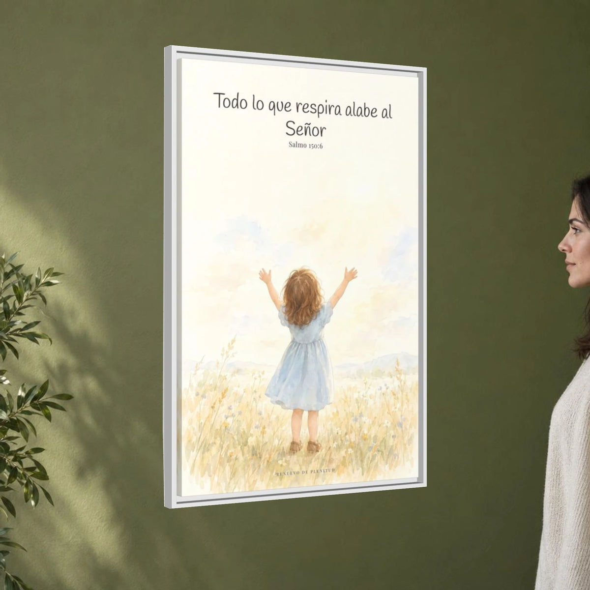 Todo lo que respira alabe a Jehová — Lienzo Cristiano Enmarcado | Salmo 150:6 — 24×36 pulgadas, marco blanco, vista angular ambiental del marco flotante, escala física calibrada