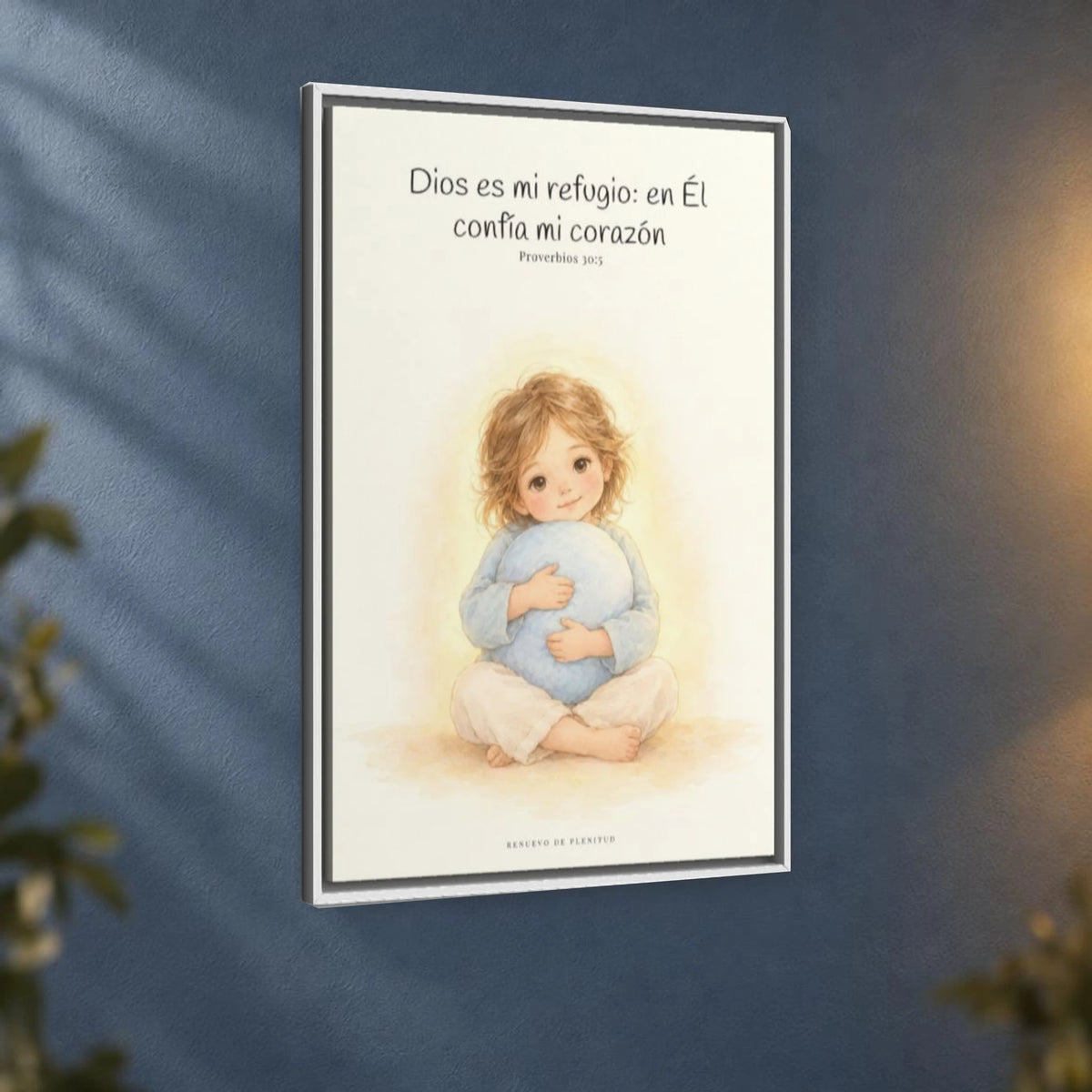 En Dios encuentro mi refugio | Cuadro bíblico para el hogar | Proverbios 30:5 — 24×36 pulgadas, marco blanco, vista angular ambiental del marco flotante, escala física calibrada