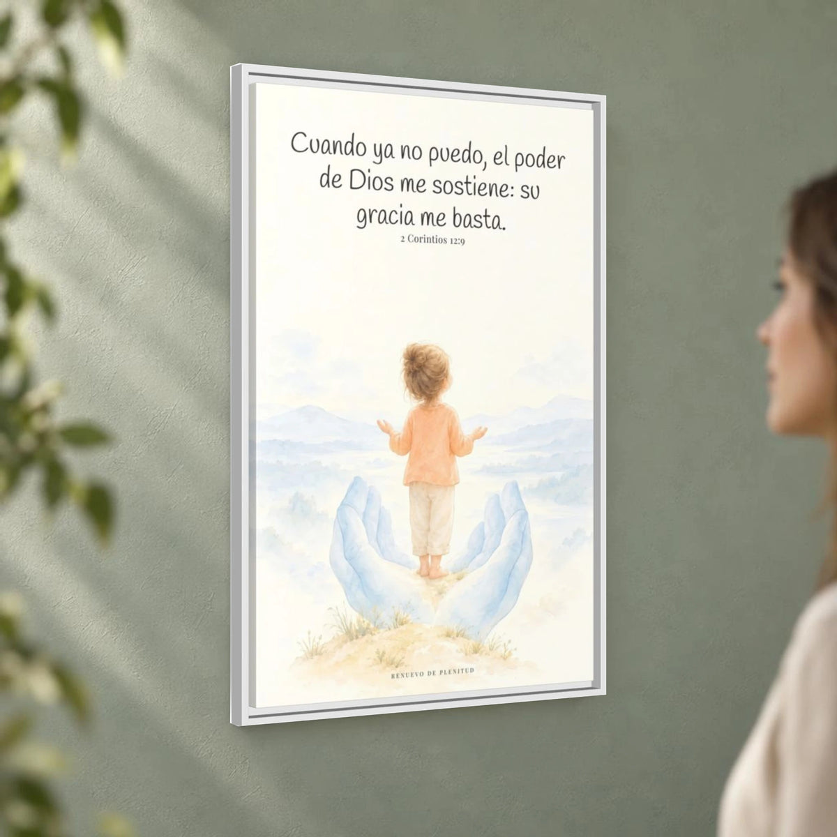 El poder de Dios se perfecciona en mi debilidad — Lienzo Cristiano Enmarcado | 2 Corintios 12:9 — 24×36 pulgadas, marco blanco, vista angular ambiental del marco flotante, escala física calibrada