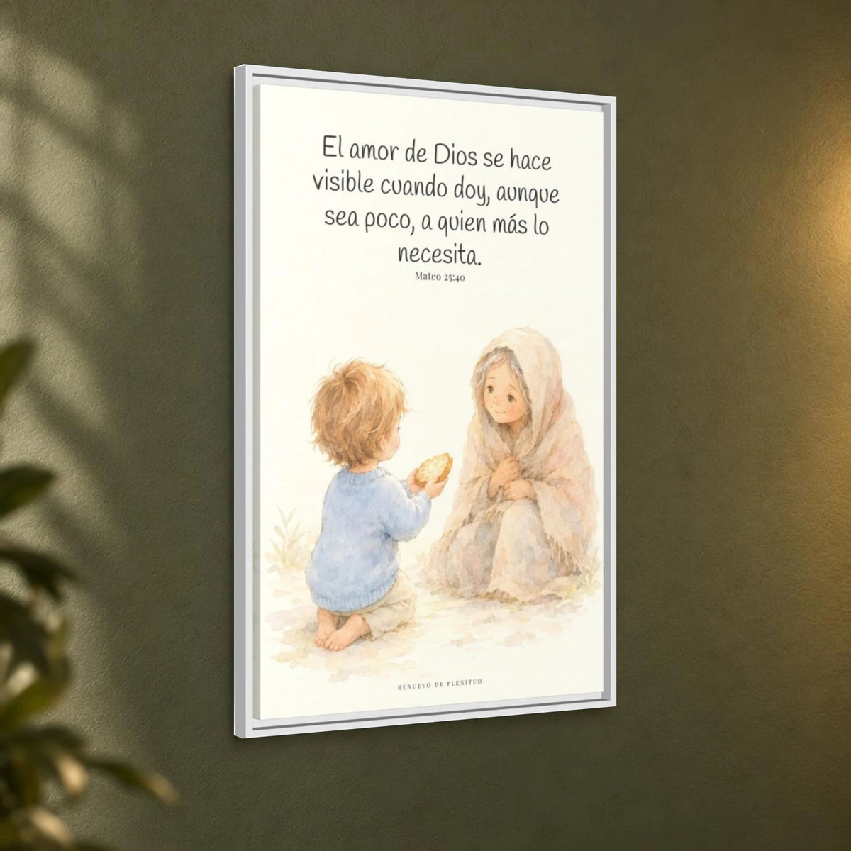 El amor de Dios se da en cosas pequeñas — Lienzo Cristiano Enmarcado | Mateo 25:40 — 24×36 pulgadas, marco blanco, vista angular ambiental del marco flotante, escala física calibrada
