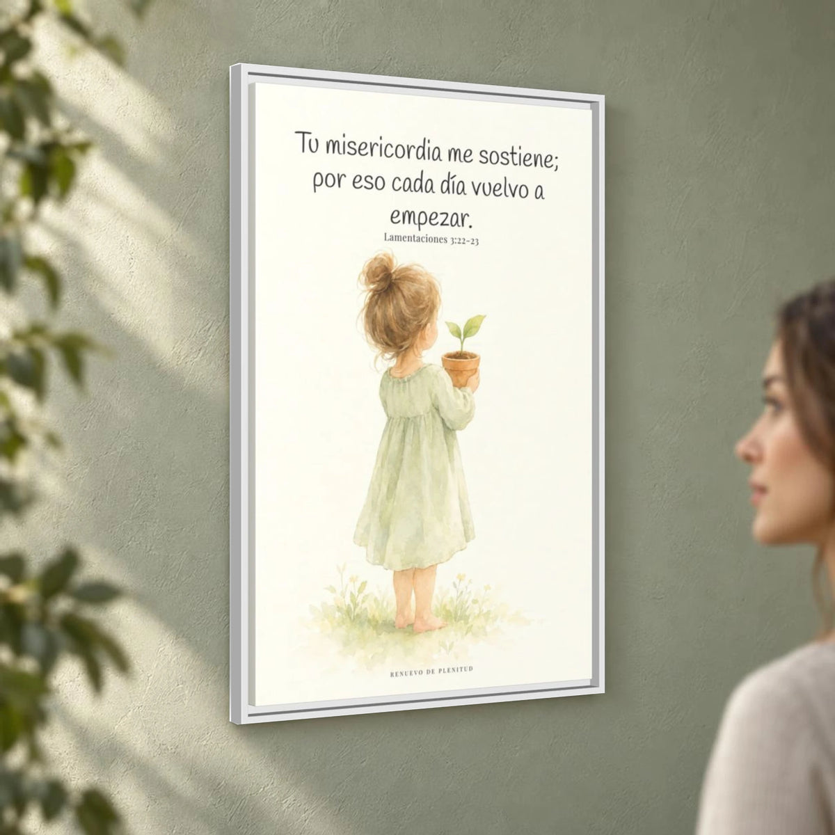 Por la misericordia de Jehová no fuimos consumidos — Lienzo Cristiano Enmarcado | Lamentaciones 3:22-23 — 24×36 pulgadas, marco blanco, vista angular ambiental del marco flotante, escala física calibrada