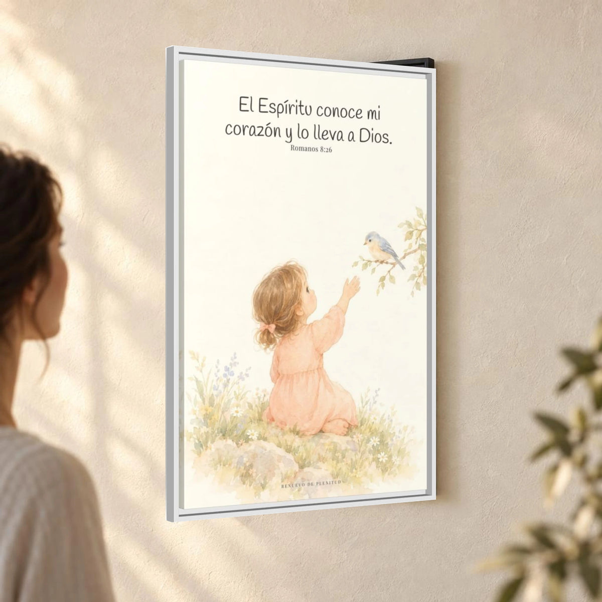 El Espíritu conoce lo que hay en mi corazón — Lienzo Cristiano Enmarcado | Romanos 8:26 — 24×36 pulgadas, marco blanco, vista angular ambiental del marco flotante, escala física calibrada