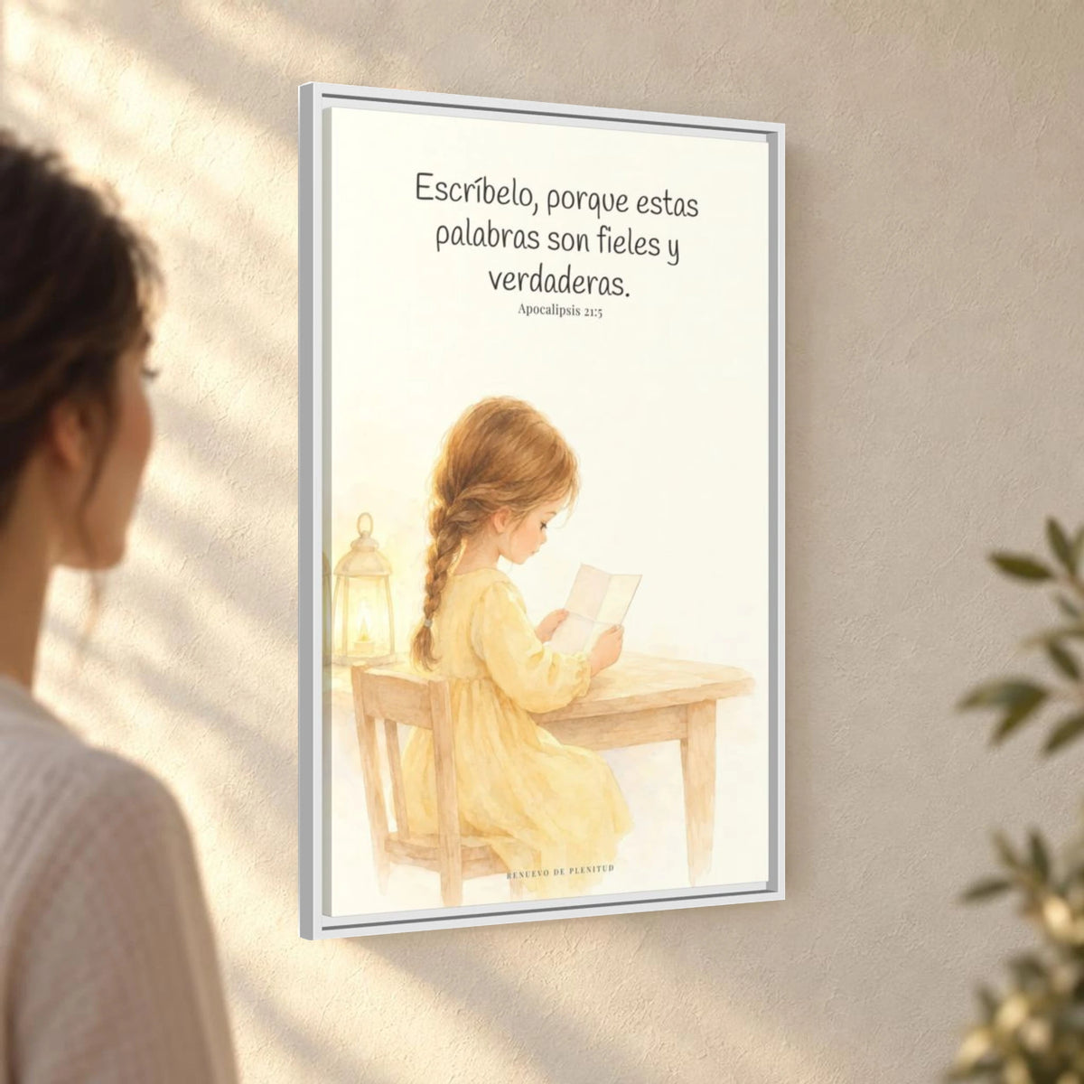 Estas palabras son fieles y verdaderas — Lienzo Cristiano Enmarcado | Apocalipsis 21:5 — 24×36 pulgadas, marco blanco, vista angular ambiental del marco flotante, escala física calibrada