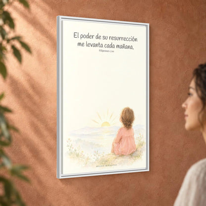 El poder de su resurrección me levanta — Lienzo Cristiano Enmarcado | Filipenses 3:10 — 24×36 pulgadas, marco blanco, vista angular ambiental del marco flotante, escala física calibrada