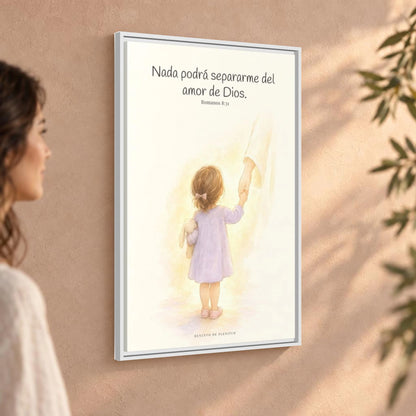 Nada podrá separarme del amor de Dios | Cuadro de inspiración bíblica | Romanos 8:31 — 24×36 pulgadas, marco blanco, vista angular ambiental del marco flotante, escala física calibrada