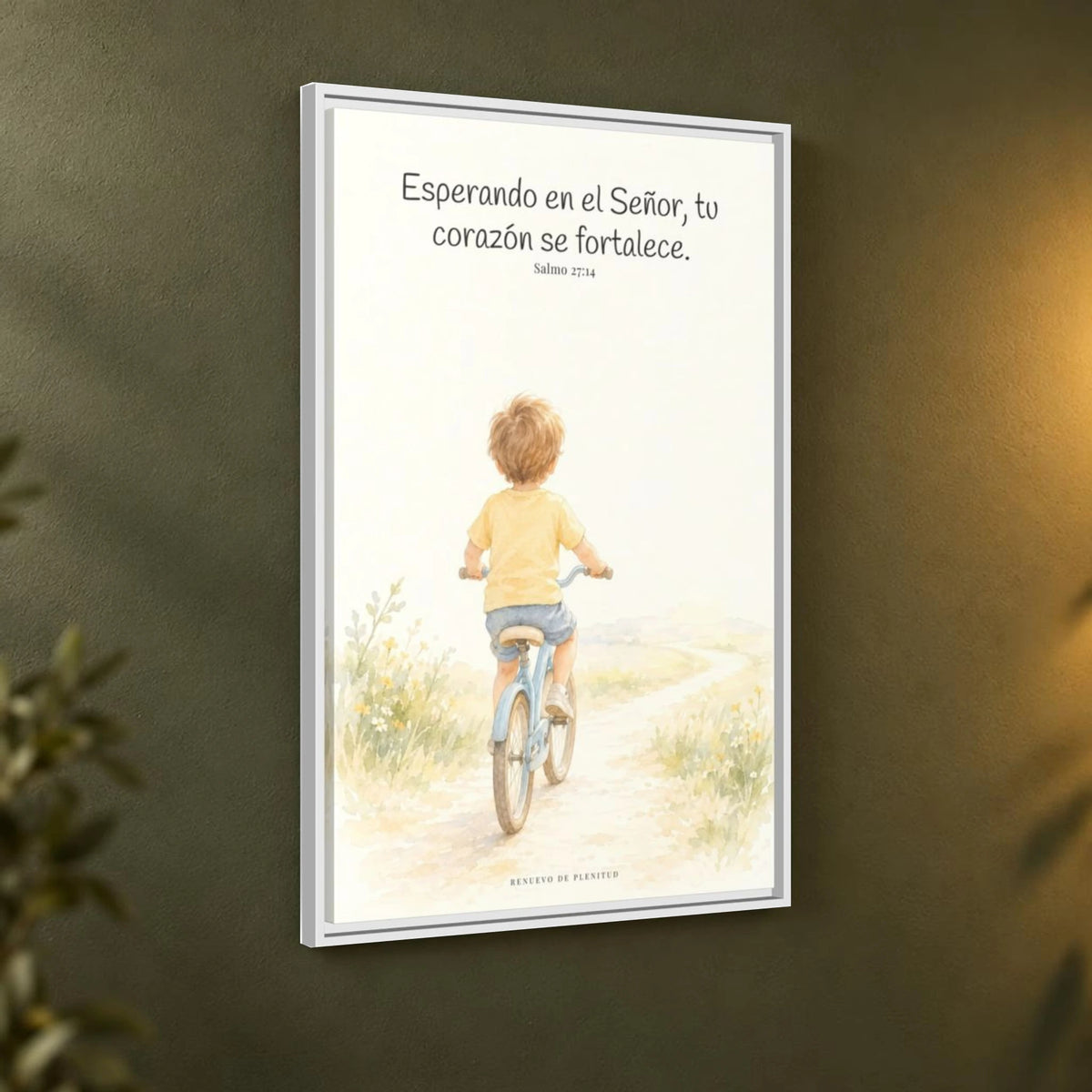 Jehová fortalece tu corazón — Lienzo Cristiano Enmarcado | Salmo 27:14 — 24×36 pulgadas, marco blanco, vista angular ambiental del marco flotante, escala física calibrada