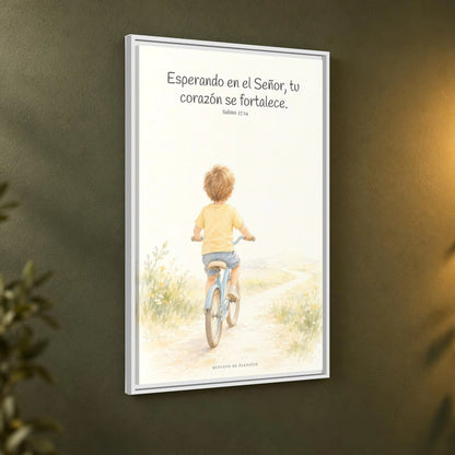 Jehová fortalece tu corazón — Lienzo Cristiano Enmarcado | Salmo 27:14 — 24×36 pulgadas, marco blanco, vista angular ambiental del marco flotante, escala física calibrada