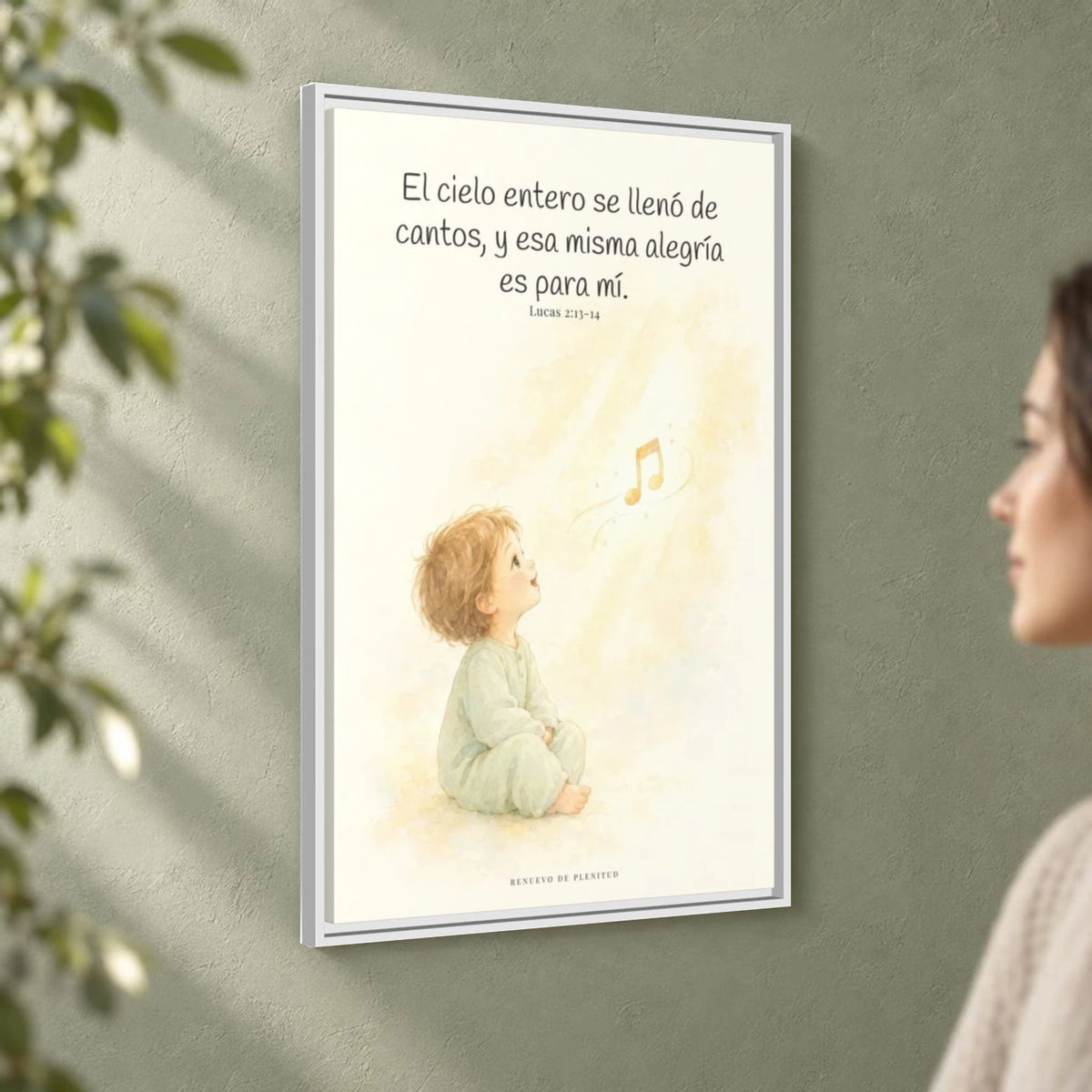 El ejército del cielo canta mi alegría — Lienzo Cristiano Enmarcado | Lucas 2:13-14 — 24×36 pulgadas, marco blanco, vista angular ambiental del marco flotante, escala física calibrada