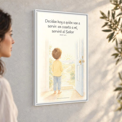 Decidan hoy a quién van a servir — Lienzo Cristiano Enmarcado | Josué 24:15 — 24×36 pulgadas, marco blanco, vista angular ambiental del marco flotante, escala física calibrada