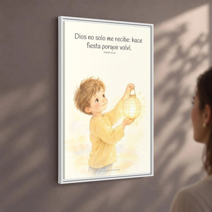 Era tiempo de hacer fiesta y regocijarnos — Lienzo Cristiano Enmarcado | Lucas 15:24 — 24×36 pulgadas, marco blanco, vista angular ambiental del marco flotante, escala física calibrada