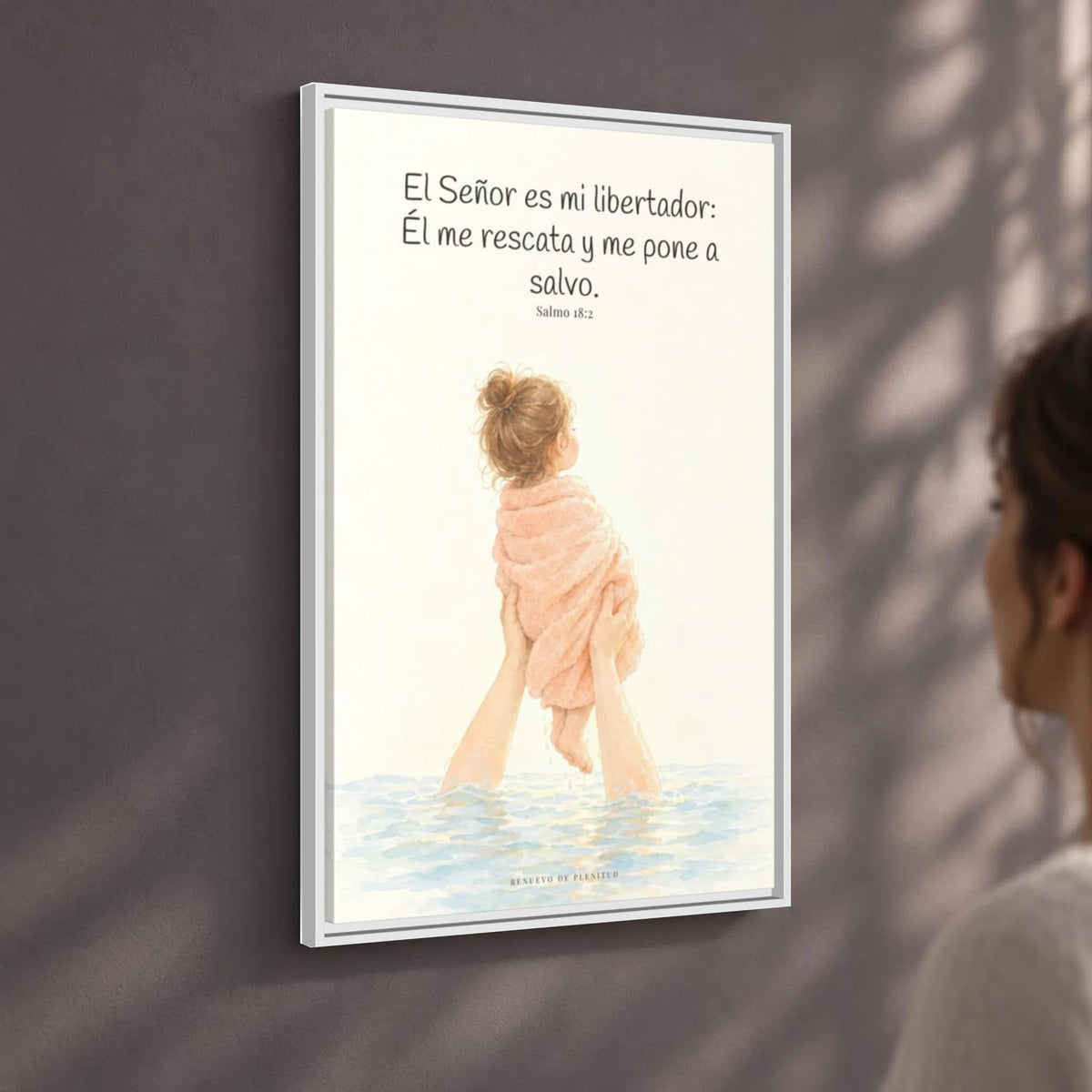 El Señor es mi libertador — Lienzo Cristiano Enmarcado | Salmo 18:2 — 24×36 pulgadas, marco blanco, vista angular ambiental del marco flotante, escala física calibrada