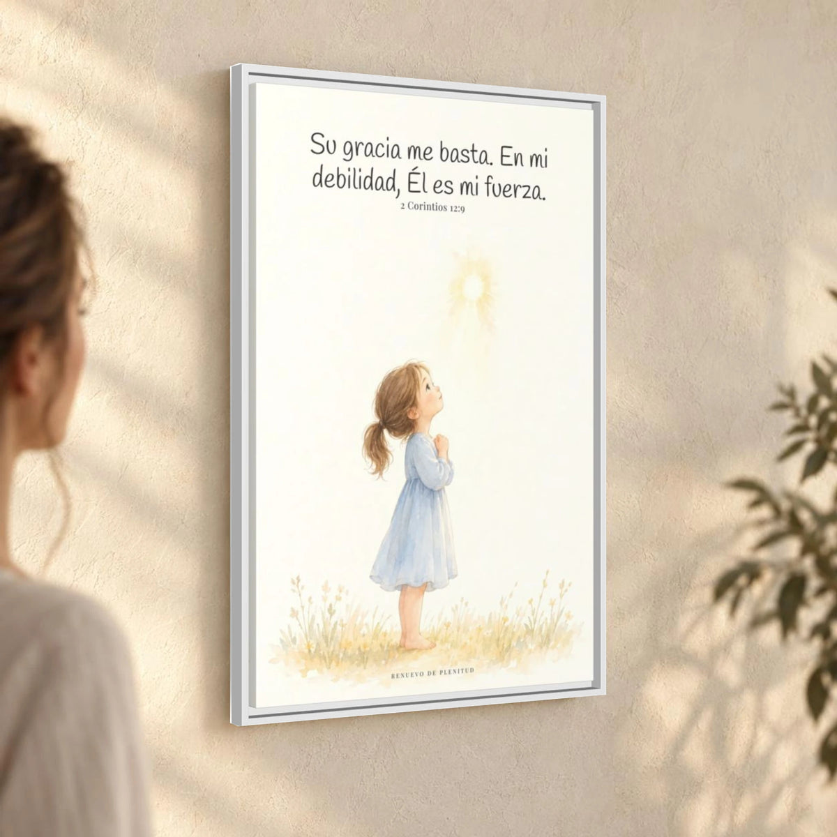 Su gracia me basta — Lienzo Cristiano Enmarcado | 2 Corintios 12:9 — 24×36 pulgadas, marco blanco, vista angular ambiental del marco flotante, escala física calibrada