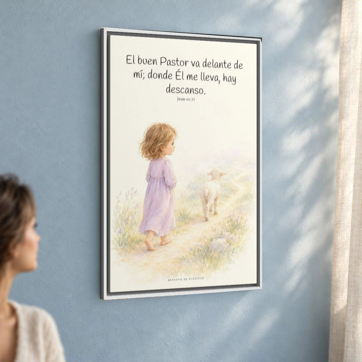El buen Pastor va delante de mí | Decoración de fe para pared | Juan 10:27 — 24×36 pulgadas, marco blanco, vista angular ambiental del marco flotante, escala física calibrada