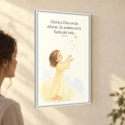 El cielo entero da gloria a Dios | Decoración de fe para pared | Lucas 2:14 — 24×36 pulgadas, marco blanco, vista angular ambiental del marco flotante, escala física calibrada