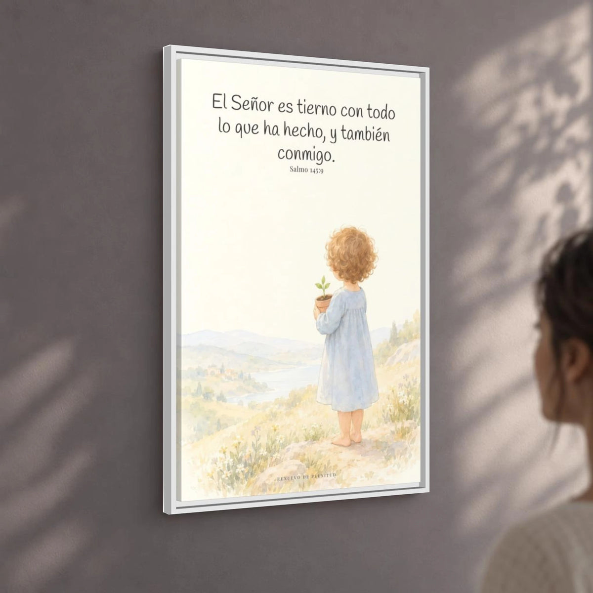 El Señor es tierno con todo lo que ha hecho | Cuadro de inspiración bíblica | Salmo 145:9 — 24×36 pulgadas, marco blanco, vista angular ambiental del marco flotante, escala física calibrada