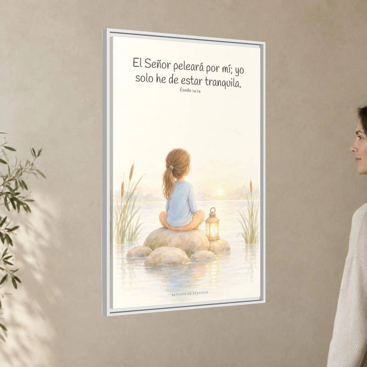 Jehová peleará por mí — Lienzo Cristiano Enmarcado | Éxodo 14:14 — 24×36 pulgadas, marco blanco, vista angular ambiental del marco flotante, escala física calibrada