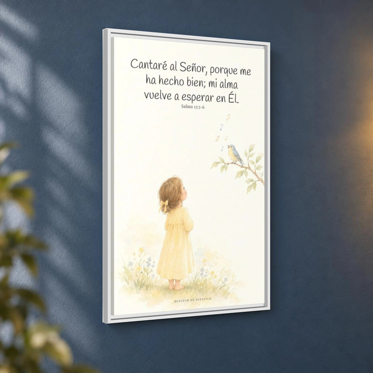 Cantaré a Jehová porque me ha hecho bien — Lienzo Cristiano Enmarcado | Salmo 13:5-6 — 24×36 pulgadas, marco blanco, vista angular ambiental del marco flotante, escala física calibrada