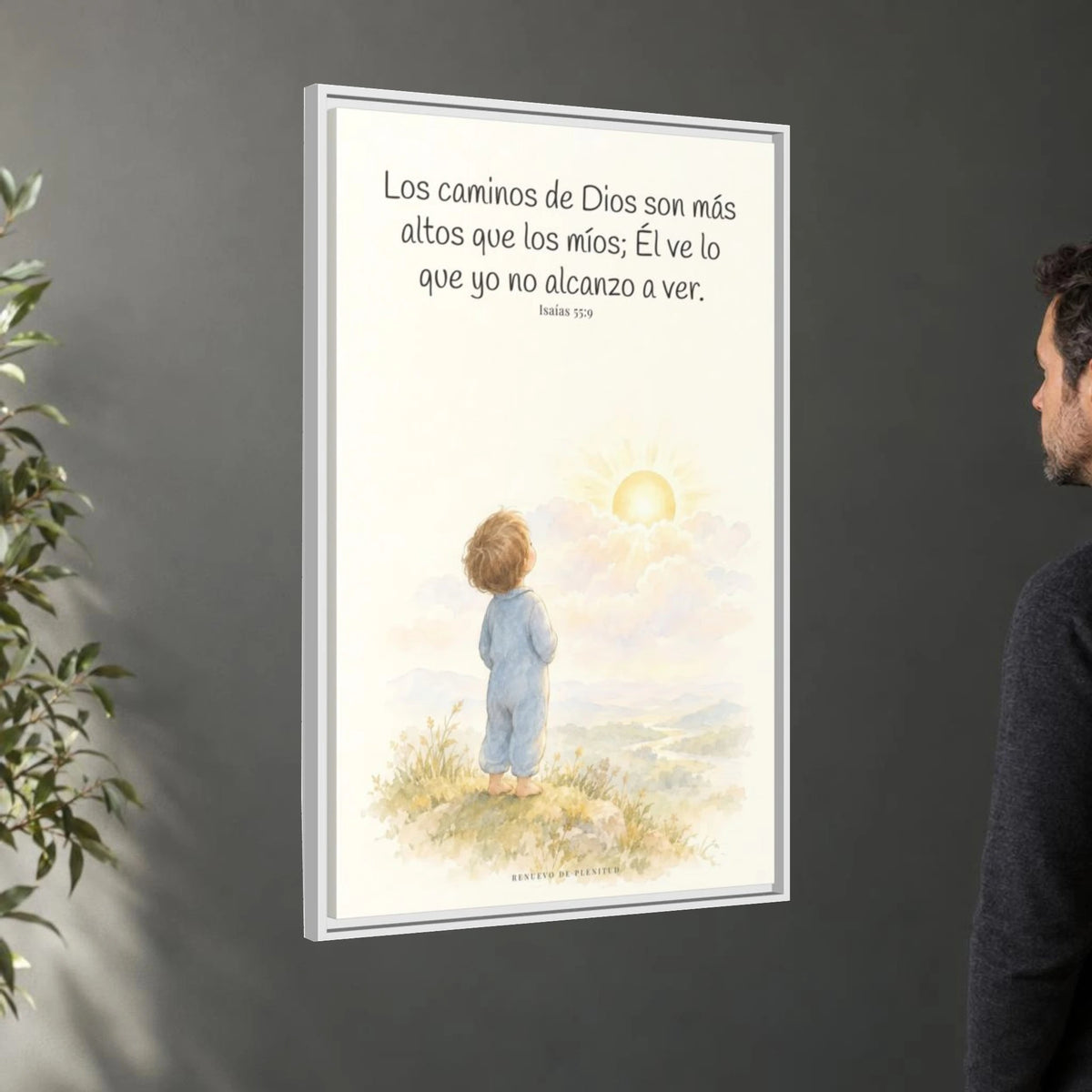 Los pensamientos de Dios son más altos que los míos — Lienzo Cristiano Enmarcado | Isaías 55:9 — 24×36 pulgadas, marco blanco, vista angular ambiental del marco flotante, escala física calibrada