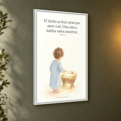 El Verbo se hizo carne por amor a mí — Lienzo Cristiano Enmarcado | Juan 1:14 — 24×36 pulgadas, marco blanco, vista angular ambiental del marco flotante, escala física calibrada