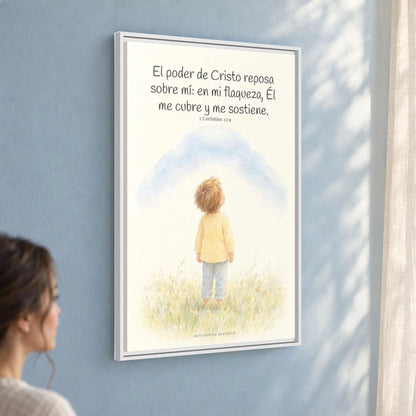 El poder de Cristo descansa sobre mí | Cuadro bíblico para el hogar | 2 Corintios 12:9 — 24×36 pulgadas, marco blanco, vista angular ambiental del marco flotante, escala física calibrada