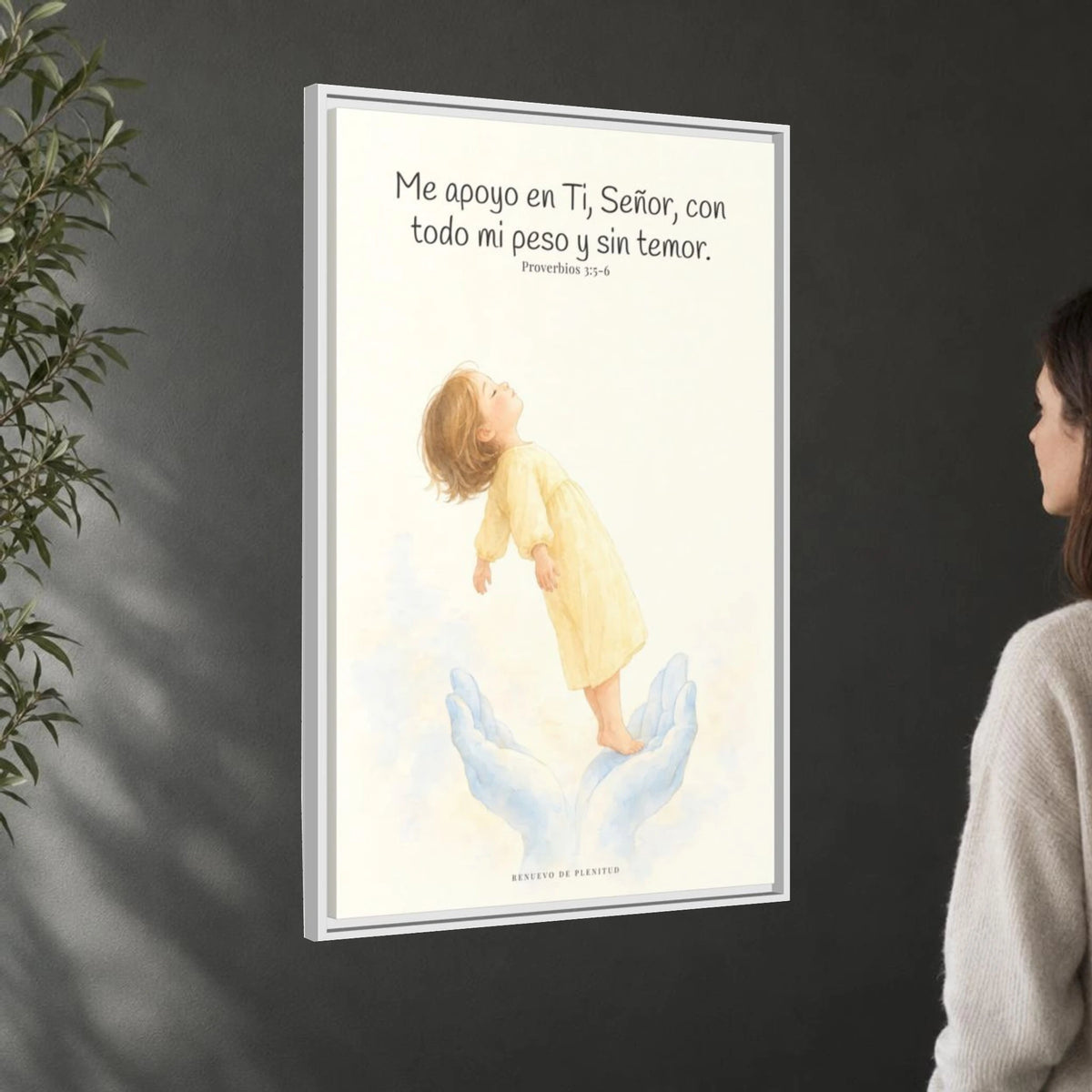 En Jehová confío de todo corazón — Lienzo Cristiano Enmarcado | Proverbios 3:5-6 — 24×36 pulgadas, marco blanco, vista angular ambiental del marco flotante, escala física calibrada