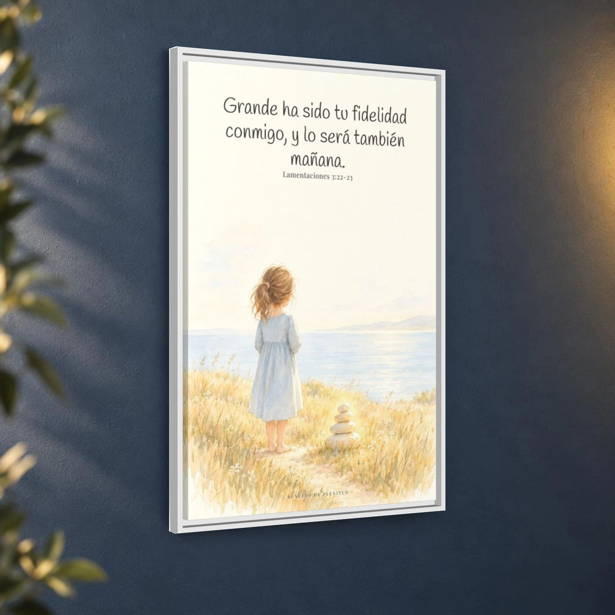 Grande ha sido tu fidelidad, Señor — Lienzo Cristiano Enmarcado | Lamentaciones 3:22-23 — 24×36 pulgadas, marco blanco, vista angular ambiental del marco flotante, escala física calibrada